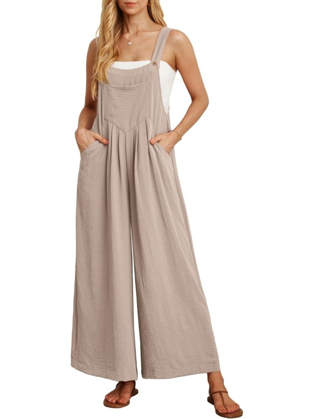 Women's Light Khaki Summer Boho Wide Leg Overalls Loose Rompers with Pockets